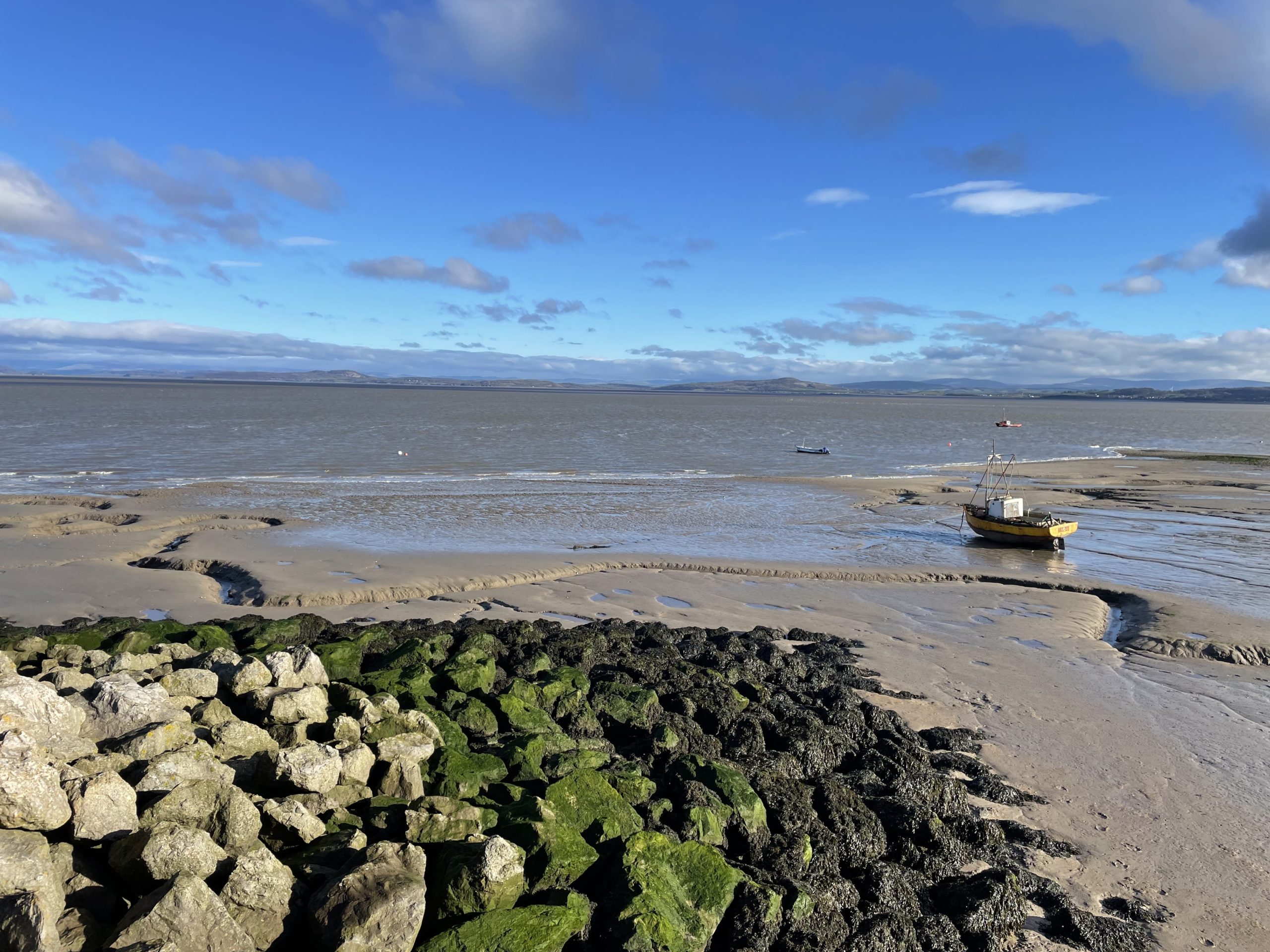 The beach at morecambe with blue sky and a boat in the background, with moss covered rocks in the foreground